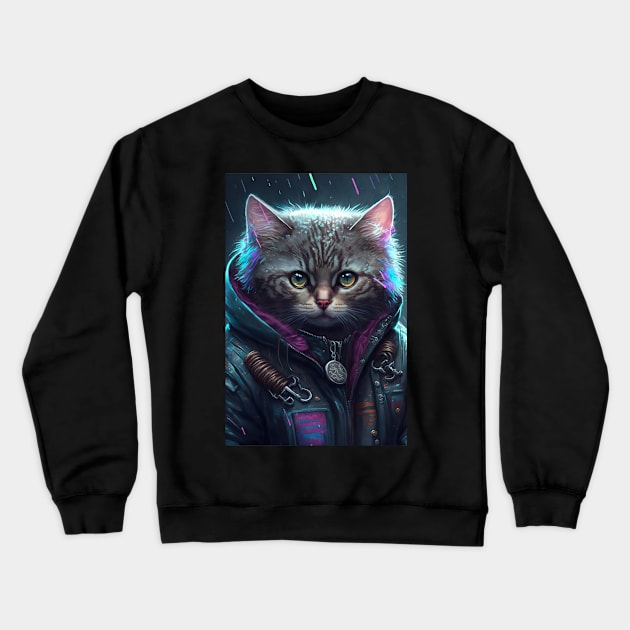 Cool portrait of a Cyber Future Cat Crewneck Sweatshirt by KoolArtDistrict